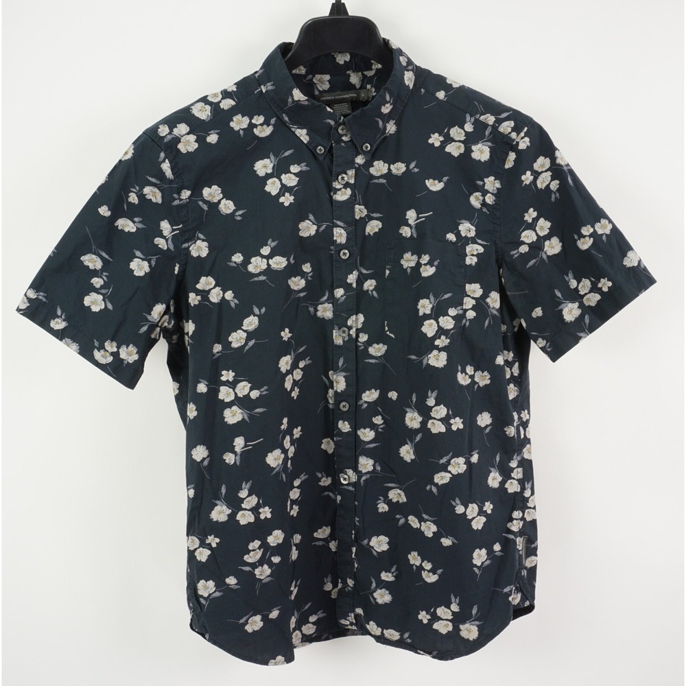 French Connection Mens Large Short Sleeve Dark Blue Floral Twill Button Up Shirt